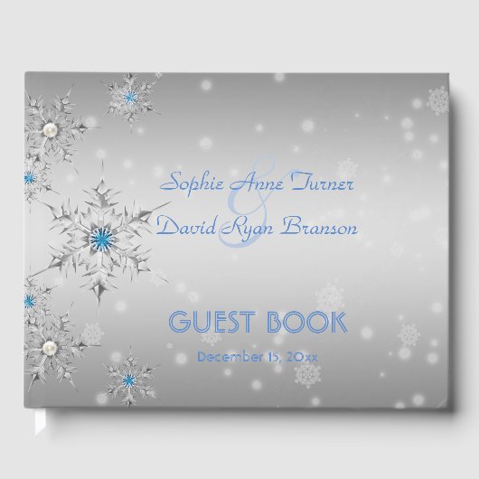 Silver Snowflakes Crystals Blue Pearls Weddenschap Gastenboek (Voorkant)