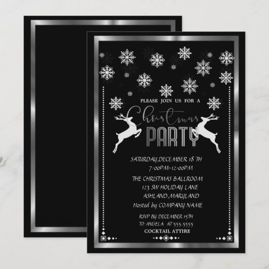 Silver Snowflakes, Deer Company Kerstparty Kaart (Voorkant / Achterkant)