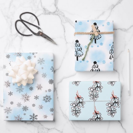 Silver Snowflakes en mistletoe met blauw Inpakpapier Vel (Voorkant)