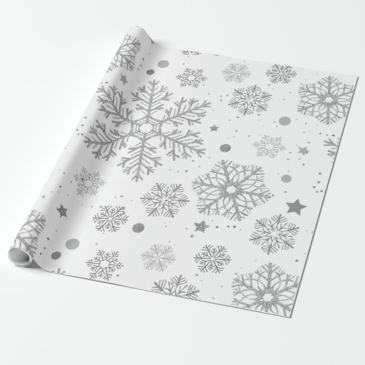Silver snowflakes on white cadeaupapier (Uitgerold)
