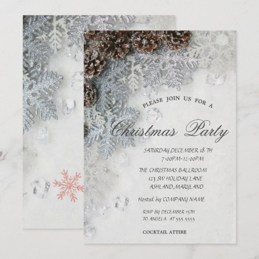 Silver Snowflakes, Pine Cone-kerstparty Kaart (Voorkant / Achterkant)