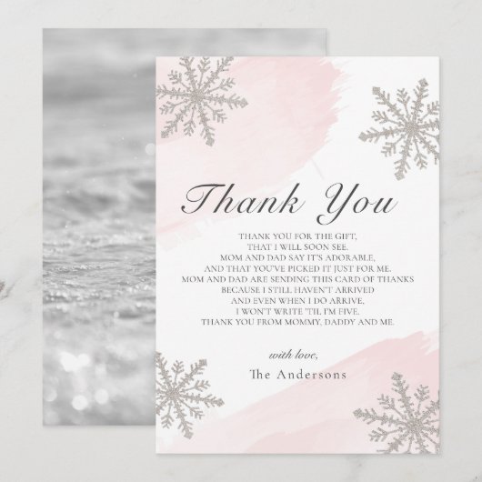 Silver Snowflakes Roze Baby shower Hartelijk dank Kaart (Voorkant / Achterkant)