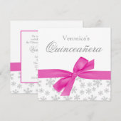 Silver Snowflakes Roze Bow Quinceanera-uitvindinge Kaart (Voorkant / Achterkant)