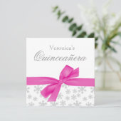 Silver Snowflakes Roze Bow Quinceanera-uitvindinge Kaart (Staand voorkant)