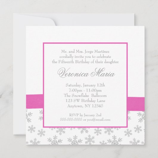 Silver Snowflakes Roze Bow Quinceanera-uitvindinge Kaart (Achterkant)