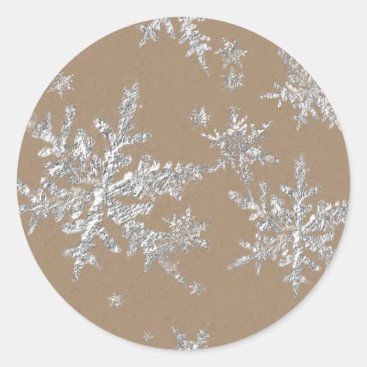 Silver Snowflakes Rustic Kraft Brown Ronde Sticker (Voorkant)