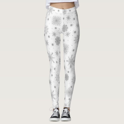 Silver Snowflakes White Design Leggings (Voorkant)