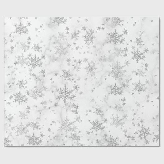 Silver Snowflakes White Marble Wrapping Paper Cadeaupapier (Vlak)