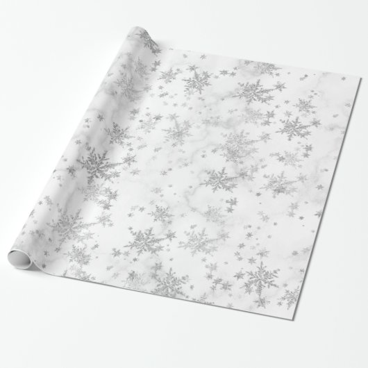Silver Snowflakes White Marble Wrapping Paper Cadeaupapier (Uitgerold)