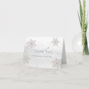 Silver Snowflakes White Snow Baby shower Blue Bedankkaart