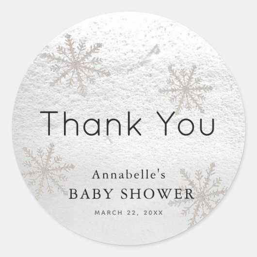 Silver Snowflakes White Snow Baby shower Dank u Ronde Sticker (Voorkant)