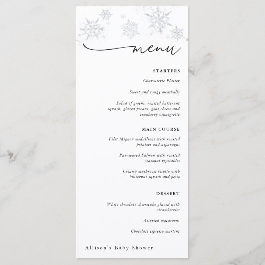 Silver Snowflakes Winter Baby shower Menu (Voorkant)