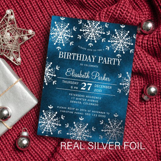 Silver snowflakes winter luxury birthday party folie uitnodiging