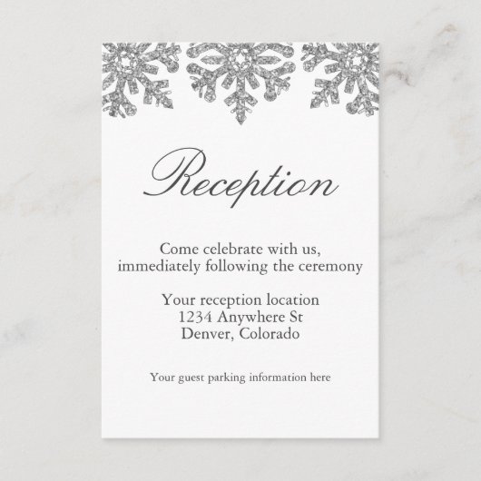 Silver Snowflakes Winter Weddenschappen Receptie Informatiekaartje (Voorkant)
