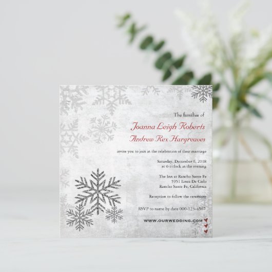 Silver Snowflakes Winter Weduwfotouitnodiging Kaart (Staand voorkant)
