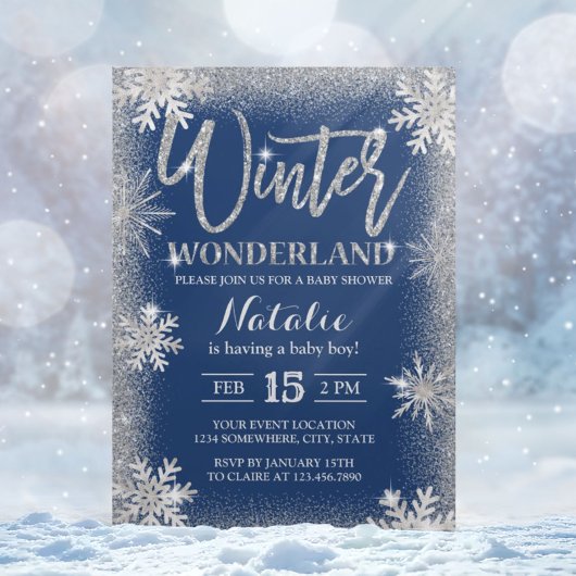 Silver Snowflakes Winter Wonderland Baby shower Kaart