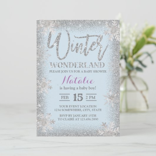 Silver Snowflakes Winter Wonderland Baby shower Kaart (Staand voorkant)