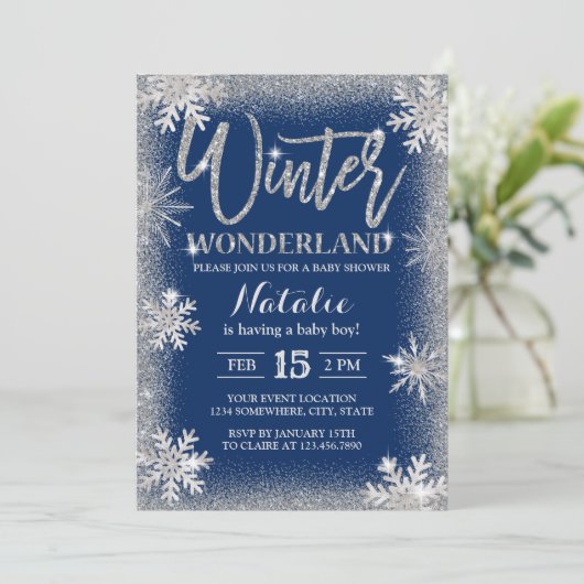 Silver Snowflakes Winter Wonderland Baby shower Kaart (Staand voorkant)