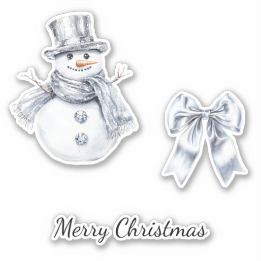 Silver Snowman Bow Kerstmis Sticker (Voorkant)