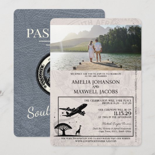 Silver South Africa Passport Wedding Invitation Kaart (Voorkant / Achterkant)