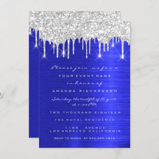Silver Spark Glitter Drips Royal Blue Bridal 16th Kaart (Voorkant / Achterkant)
