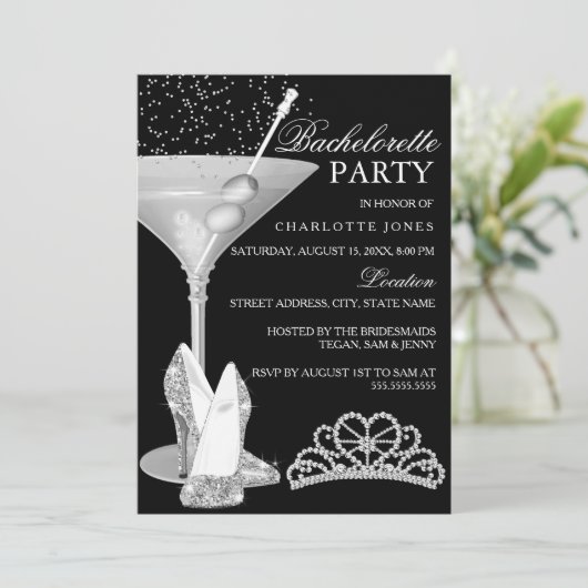 Silver Sparkle Cocktail Bachelorette Party Kaart (Staand voorkant)