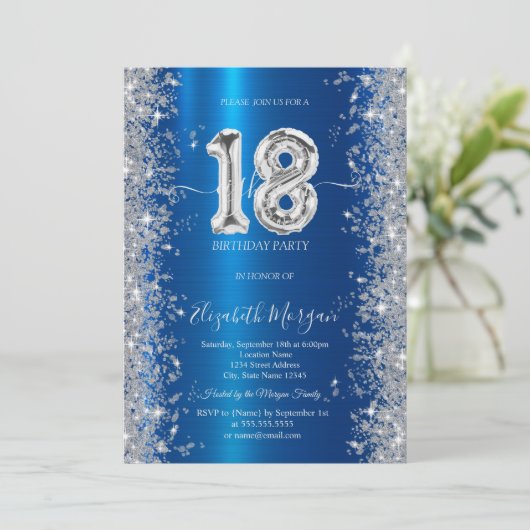 Silver Sparkle Diamonds Royal Blue 18e verjaardag Kaart (Staand voorkant)