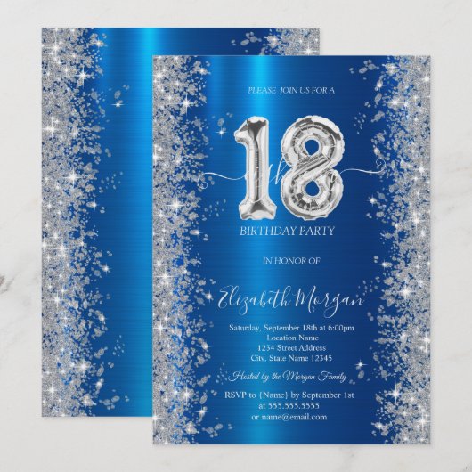 Silver Sparkle Diamonds Royal Blue 18e verjaardag Kaart (Voorkant / Achterkant)