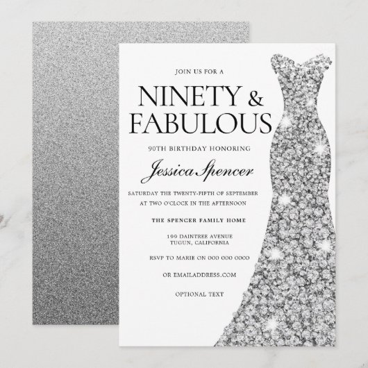 Silver Sparkle Dress 90 & Fabulous 90th Birthday Kaart (Voorkant / Achterkant)
