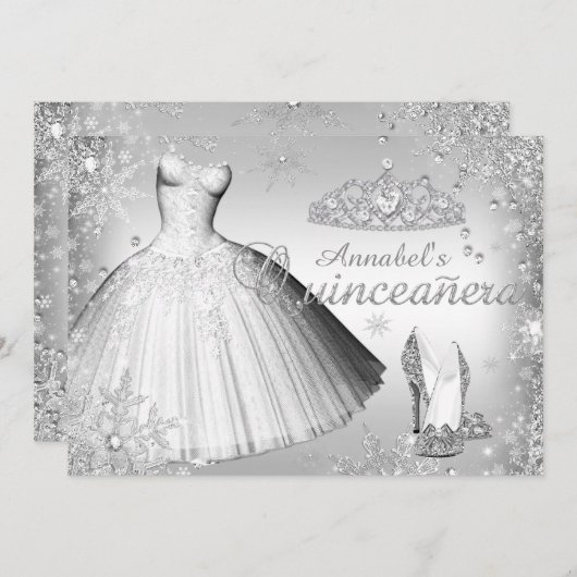 Silver Sparkle Dress & Tiara Quinceanera Invite Kaart (Voorkant / Achterkant)