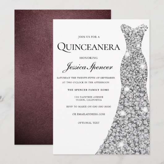 Silver Sparkle Dress Velvet Quinceanera Invite Kaart (Voorkant / Achterkant)