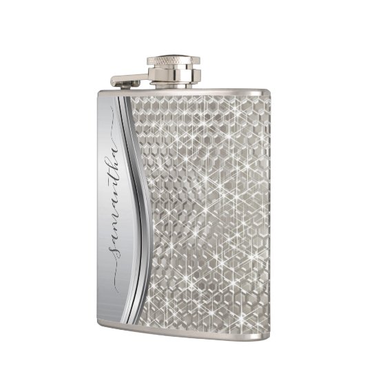 Silver Sparkle Glam Bling Personalized Metal Heupfles (Links)