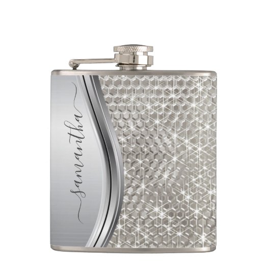 Silver Sparkle Glam Bling Personalized Metal Heupfles (Voorkant)