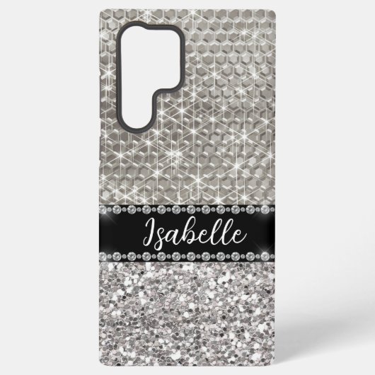 Silver Sparkle Glam Bling Personalized Metal Samsung Galaxy Hoesje (Achterkant)