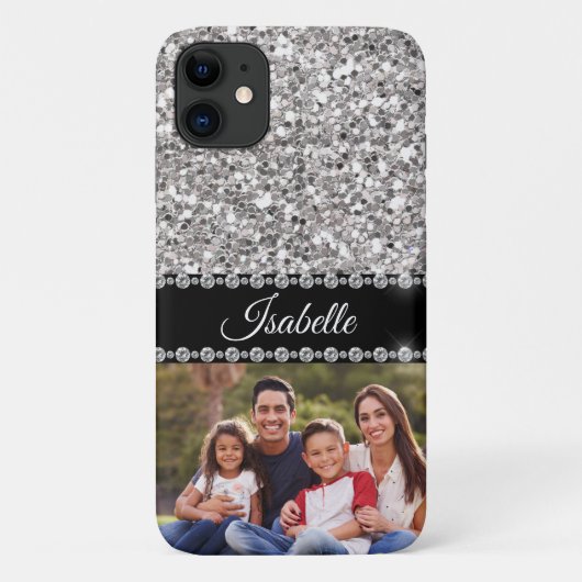 Silver Sparkle Glam Glitter Photo Monogram Case-Mate iPhone Case (Achterkant)