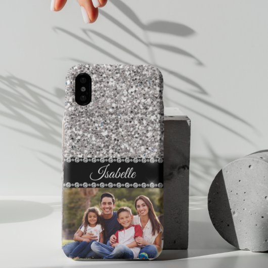 Silver Sparkle Glam Glitter Photo Monogram Case-Mate iPhone Case