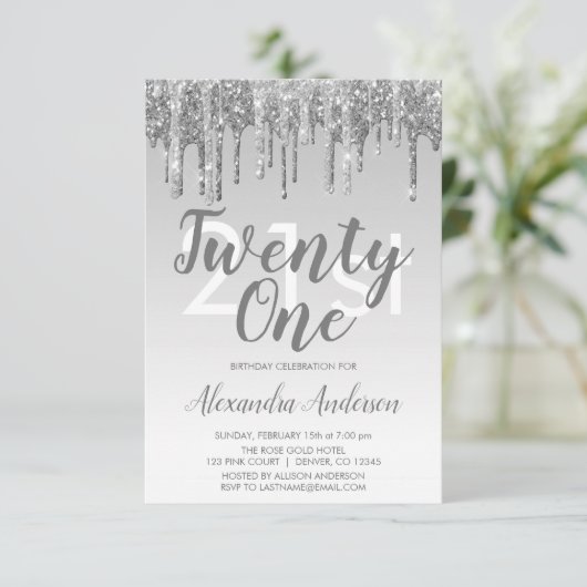 Silver Sparkle Glitter 21st Birthday Party Kaart (Staand voorkant)