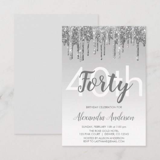 Silver Sparkle Glitter 40th Birthday Party Kaart (Voorkant / Achterkant)