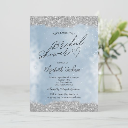 Silver Sparkle Glitter Blue Bridal Shower  Kaart (Staand voorkant)