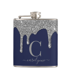 Silver Sparkle Glitter Drift Navy Blue Monogram Heupfles