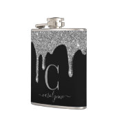 Silver Sparkle Glitter Drift op zwart monogram Heupfles (Links)