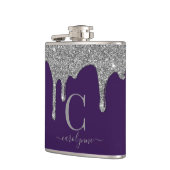 Silver Sparkle Glitter Drijft op Paars monogram Heupfles (Links)