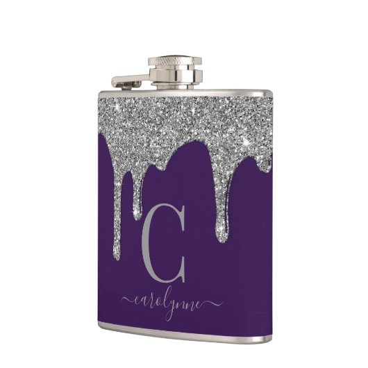Silver Sparkle Glitter Drijft op Paars monogram Heupfles (Links)