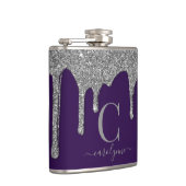 Silver Sparkle Glitter Drijft op Paars monogram Heupfles (Rechts)