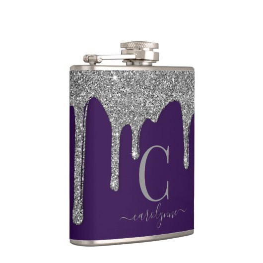 Silver Sparkle Glitter Drijft op Paars monogram Heupfles (Rechts)
