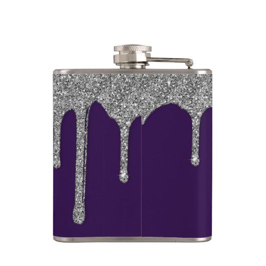 Silver Sparkle Glitter Drijft op Paars monogram Heupfles (Achterkant)