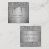 Silver Sparkle Glitter Drips Luxe Vierkante Visitekaartje (Voorkant / Achterkant)