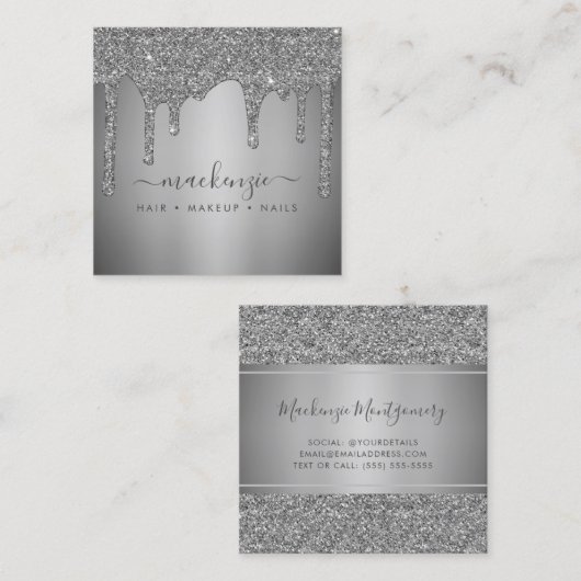 Silver Sparkle Glitter Drips Luxe Vierkante Visitekaartje (Voorkant / Achterkant)