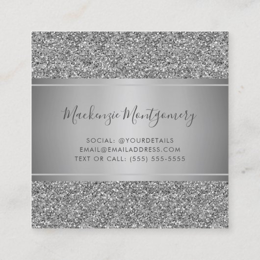 Silver Sparkle Glitter Drips Luxe Vierkante Visitekaartje (Achterkant)