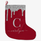 Silver Sparkle Glitter Drips op Red Monogram Grote Kerstsok (Voorkant)